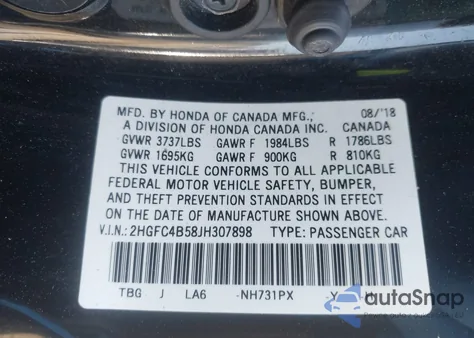 2018 Honda Civic Lx from USA, damaged, VIN 2HGFC4B58JH307898